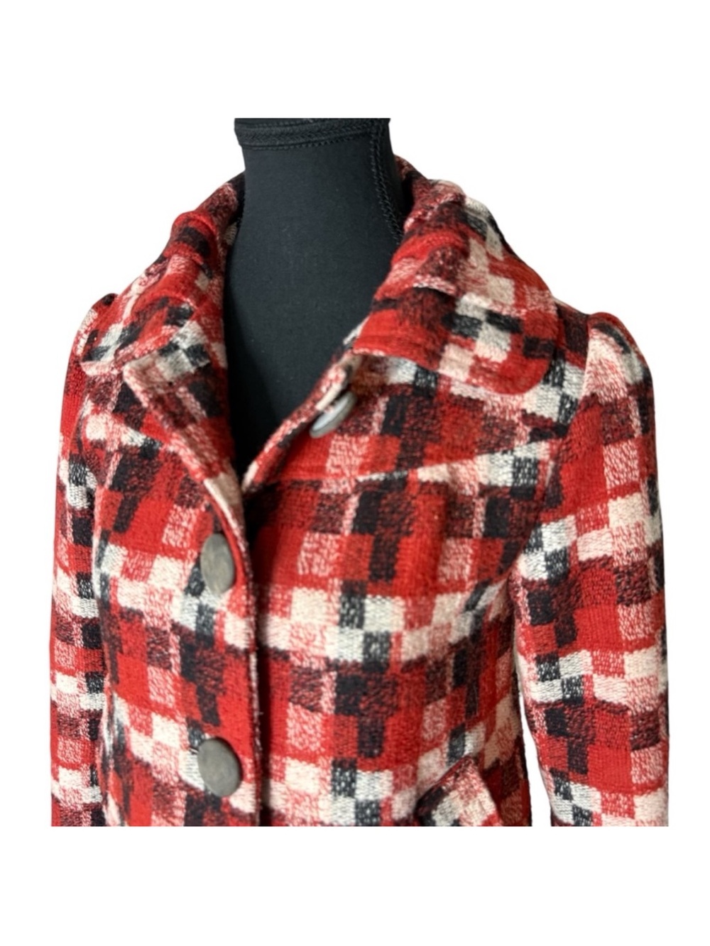 SAKURA Plaid Knit Jacket Red Cream Black Puff Shoulders Pleated Collar Sz Small